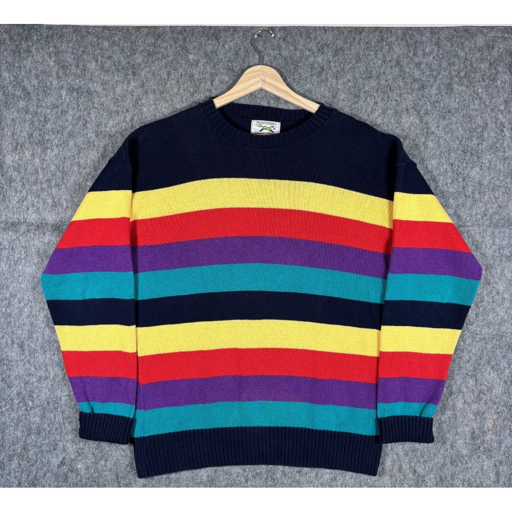 JC Penney Fox Sweater Rainbow Striped Men's Medium‎ Cotton Vintage Knit Colorful